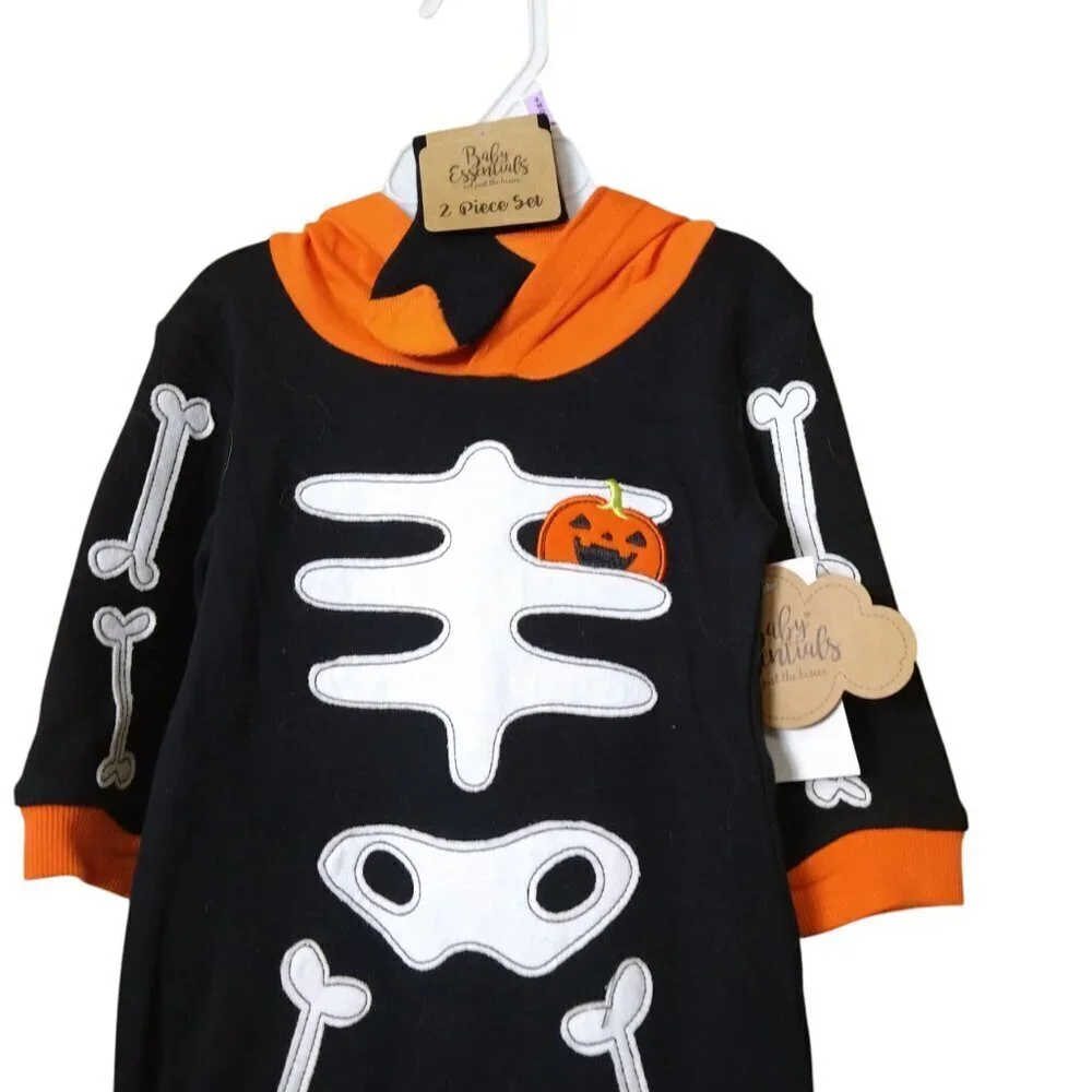 Halloween Baby Essentials Size 9 Months Unisex  Black Orange Skeleton Romper Set